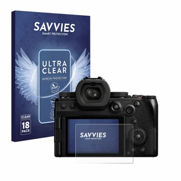 Face avant d’un emballage produit avec le logo de la marque Savvies. À côté, l’appareil Panasonic Lumix DC-S5II est représenté