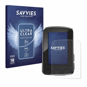 Face avant d’un emballage produit avec le logo de la marque Savvies. À côté, l’appareil Wahoo Elemnt Roam V2 GPS est représent