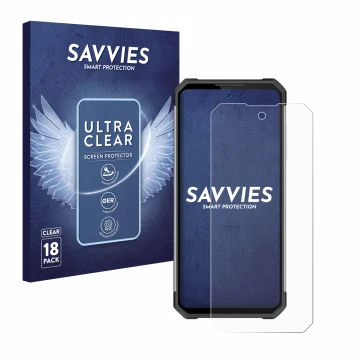 Face avant d’un emballage produit avec le logo de la marque Savvies. À côté, l’appareil Oukitel WP27 est représenté avec la pr