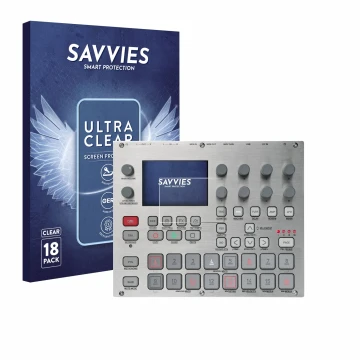 Face avant d’un emballage produit avec le logo de la marque Savvies. À côté, l’appareil Elektron Syntakt E25 Remix Edition est