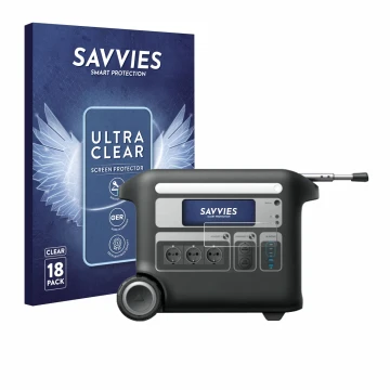 Face avant d’un emballage produit avec le logo de la marque Savvies. À côté, l’appareil Anker SOLIX F2000 est représenté avec 