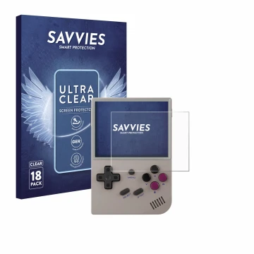 Face avant d’un emballage produit avec le logo de la marque Savvies. À côté, l’appareil Anbernic RG35XX Plus est représenté av