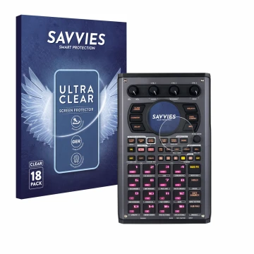 Face avant d’un emballage produit avec le logo de la marque Savvies. À côté, l’appareil Roland SP-404MKII est représenté avec 