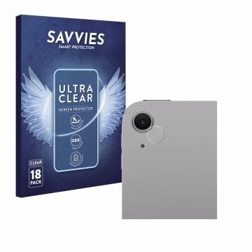 Face avant d’un emballage produit avec le logo de la marque Savvies. À côté, l’appareil Apple iPad Air 13