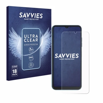 Face avant d’un emballage produit avec le logo de la marque Savvies. À côté, l’appareil Hotwav Note 13 est représenté avec la 