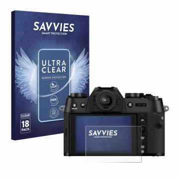 Face avant d’un emballage produit avec le logo de la marque Savvies. À côté, l’appareil Fujifilm X-T50 est représenté avec la 
