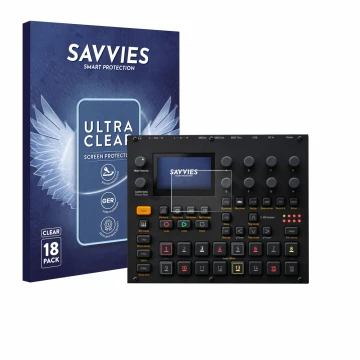 Face avant d’un emballage produit avec le logo de la marque Savvies. À côté, l’appareil Elektron Digitakt II est représenté av