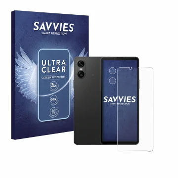 Face avant d’un emballage produit avec le logo de la marque Savvies. À côté, l’appareil Sony Xperia 10 VI (Avant+Caméra) est r