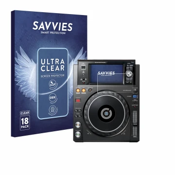 Face avant d’un emballage produit avec le logo de la marque Savvies. À côté, l’appareil Pioneer XDJ -1000MK2 est représenté av