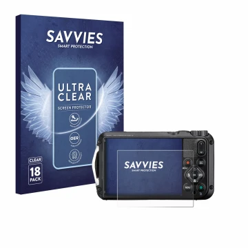 Face avant d’un emballage produit avec le logo de la marque Savvies. À côté, l’appareil Ricoh Pentax WG-8 est représenté avec 