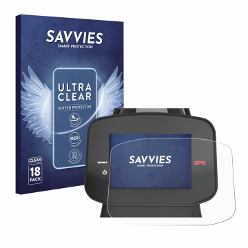 Face avant d’un emballage produit avec le logo de la marque Savvies. À côté, l’appareil PowaKaddy FX7 GPS 3.5