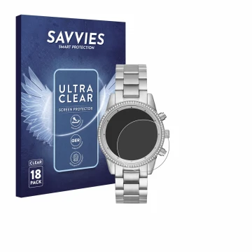 Face avant d’un emballage produit avec le logo de la marque Savvies. À côté, l’appareil Michael Kors Ritz MK6428 est représent