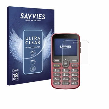 Face avant d’un emballage produit avec le logo de la marque Savvies. À côté, l’appareil Doro 1880 est représenté avec la prote