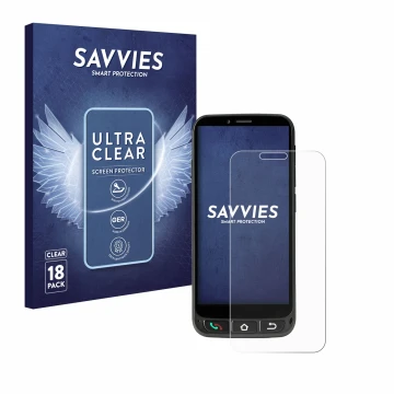 Face avant d’un emballage produit avec le logo de la marque Savvies. À côté, l’appareil SPC Zeus 4G Pro est représenté avec la