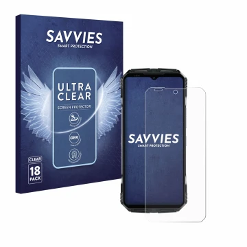 Face avant d’un emballage produit avec le logo de la marque Savvies. À côté, l’appareil Doogee S118 est représenté avec la pro