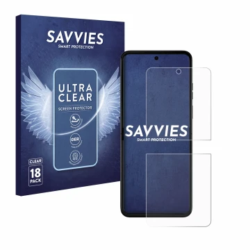 Face avant d’un emballage produit avec le logo de la marque Savvies. À côté, l’appareil Motorola Razr 50 Ultra est représenté 