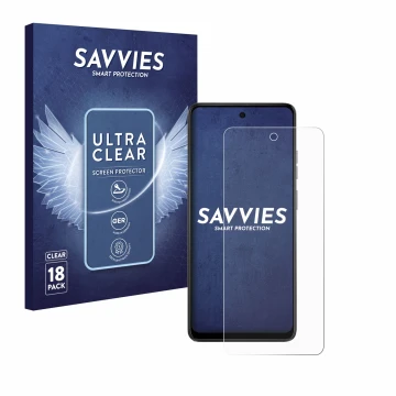 Face avant d’un emballage produit avec le logo de la marque Savvies. À côté, l’appareil Motorola Moto E14 est représenté avec 