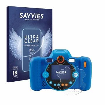 Face avant d’un emballage produit avec le logo de la marque Savvies. À côté, l’appareil Vtech Kidizoom Duo FX est représenté a