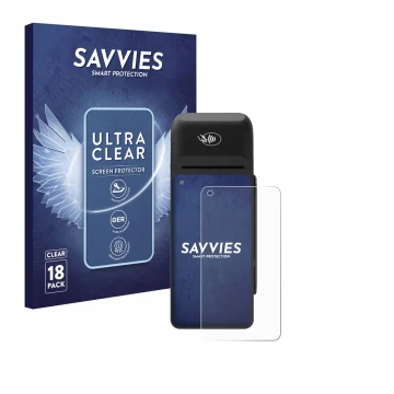 Face avant d’un emballage produit avec le logo de la marque Savvies. À côté, l’appareil Verifone T650c est représenté avec la 