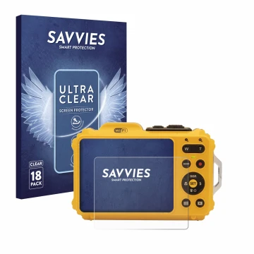 Face avant d’un emballage produit avec le logo de la marque Savvies. À côté, l’appareil Kodak Pixpro WPZ2 est représenté avec 
