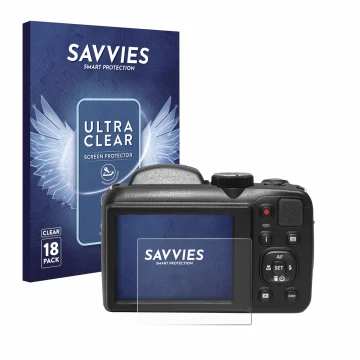 Face avant d’un emballage produit avec le logo de la marque Savvies. À côté, l’appareil Kodak Pixpro AZ255 est représenté avec