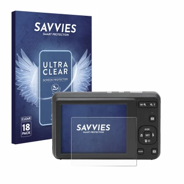 Face avant d’un emballage produit avec le logo de la marque Savvies. À côté, l’appareil Kodak Pixpro FZ55 est représenté avec 