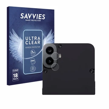 Face avant d’un emballage produit avec le logo de la marque Savvies. À côté, l’appareil Nothing CMF Phone 1 (Caméra UNIQUEMENT