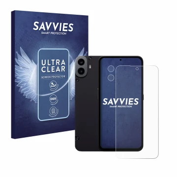 Face avant d’un emballage produit avec le logo de la marque Savvies. À côté, l’appareil Nothing CMF Phone 1 (Avant+Caméra) est