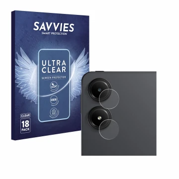 Face avant d’un emballage produit avec le logo de la marque Savvies. À côté, l’appareil Xiaomi Redmi Pad Pro 5G (Caméra UNIQUE