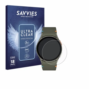 Face avant d’un emballage produit avec le logo de la marque Savvies. À côté, l’appareil Samsung Galaxy Watch 7 (40 mm) est rep