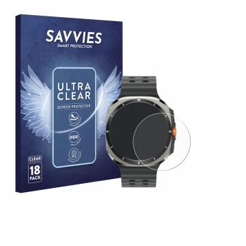 Face avant d’un emballage produit avec le logo de la marque Savvies. À côté, l’appareil Samsung Galaxy Watch Ultra (47 mm) est