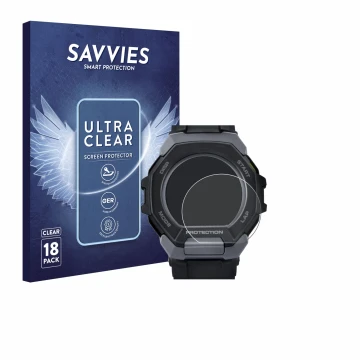 Face avant d’un emballage produit avec le logo de la marque Savvies. À côté, l’appareil Casio G-Shock G-Squad GBD-300 est repr