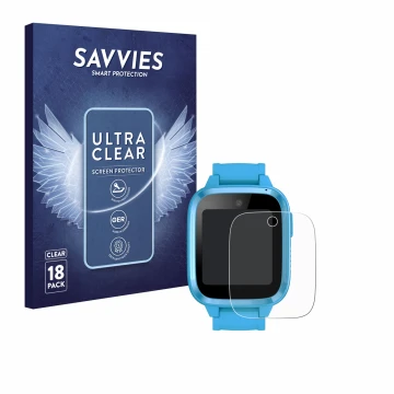 Face avant d’un emballage produit avec le logo de la marque Savvies. À côté, l’appareil Xplora Kidzi Watch est représenté avec
