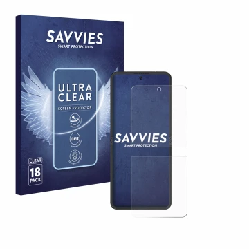 Face avant d’un emballage produit avec le logo de la marque Savvies. À côté, l’appareil Nubia Flip 5G est représenté avec la p