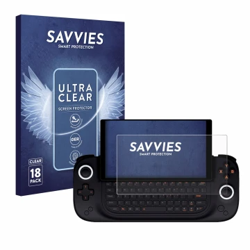 Face avant d’un emballage produit avec le logo de la marque Savvies. À côté, l’appareil Ayaneo Slide est représenté avec la pr