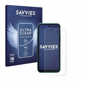 Face avant d’un emballage produit avec le logo de la marque Savvies. À côté, l’appareil Nokia XR21 Limited Edition est représe