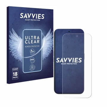 Face avant d’un emballage produit avec le logo de la marque Savvies. À côté, l’appareil Nothing Phone (2a) Plus est représenté