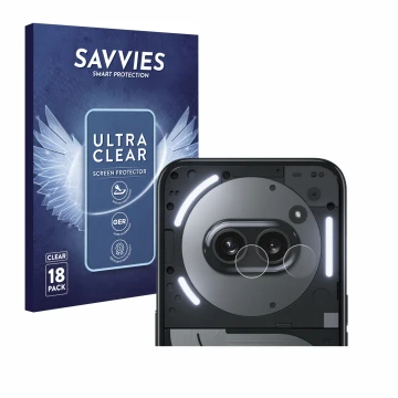 Face avant d’un emballage produit avec le logo de la marque Savvies. À côté, l’appareil Nothing Phone (2a) Plus (Caméra UNIQUE