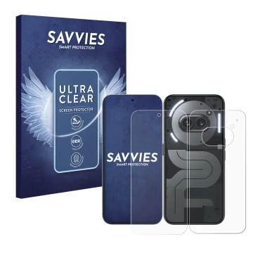 Face avant d’un emballage produit avec le logo de la marque Savvies. À côté, l’appareil Nothing Phone (2a) Plus (Avant+Arrière