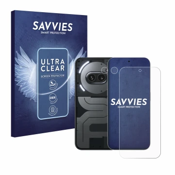 Face avant d’un emballage produit avec le logo de la marque Savvies. À côté, l’appareil Nothing Phone (2a) Plus (Avant+Caméra)