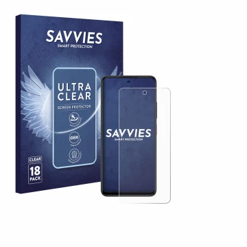 Face avant d’un emballage produit avec le logo de la marque Savvies. À côté, l’appareil ZTE Blade A75 5G est représenté avec l