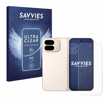 Face avant d’un emballage produit avec le logo de la marque Savvies. À côté, l’appareil Google Pixel 9 Pro Fold (Avant+Caméra)