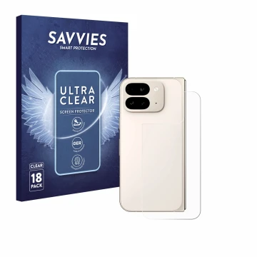 Face avant d’un emballage produit avec le logo de la marque Savvies. À côté, l’appareil Google Pixel 9 Pro Fold (Arrière) est 
