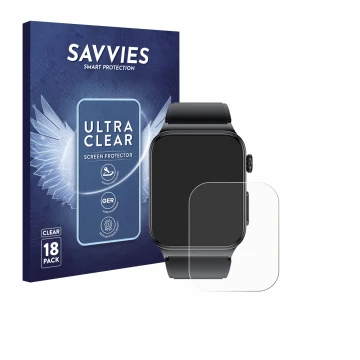Face avant d’un emballage produit avec le logo de la marque Savvies. À côté, l’appareil andoer Smartwatch 1.85