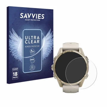 Face avant d’un emballage produit avec le logo de la marque Savvies. À côté, l’appareil Garmin Fenix 8 (43 mm) est représenté 