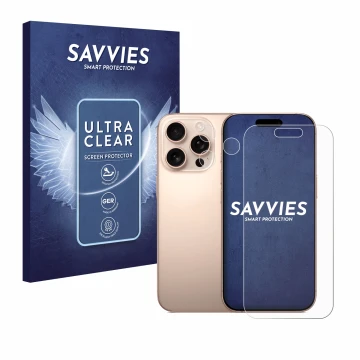 Face avant d’un emballage produit avec le logo de la marque Savvies. À côté, l’appareil Apple iPhone 16 Pro (Avant+Caméra) est