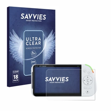 Face avant d’un emballage produit avec le logo de la marque Savvies. À côté, l’appareil Babysense MaxView-2CAM 5,5