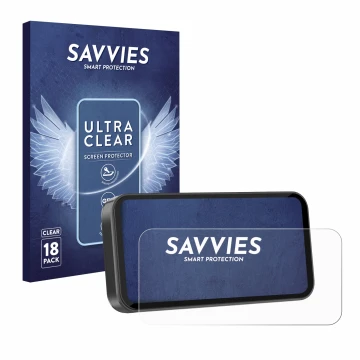 Face avant d’un emballage produit avec le logo de la marque Savvies. À côté, l’appareil Carpuride W603D 6.3