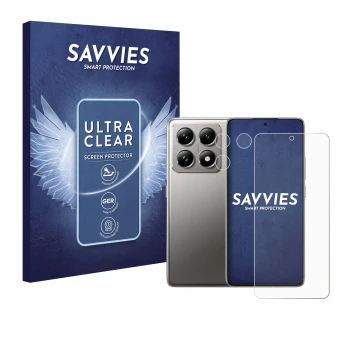 Face avant d’un emballage produit avec le logo de la marque Savvies. À côté, l’appareil Xiaomi 14T Pro (Avant+Caméra) est repr