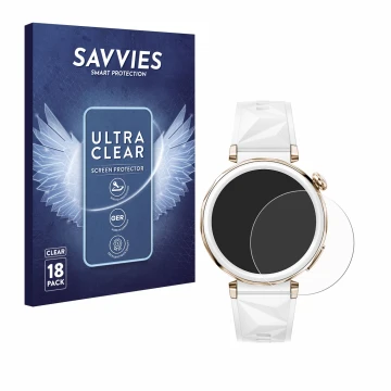 Face avant d’un emballage produit avec le logo de la marque Savvies. À côté, l’appareil Huawei Watch GT 5 Pro (42 mm) est repr